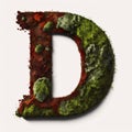 Green moss covered letter D uppercase, nature font, 3d rendering