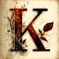 Grunge vintage letter K with feather and music notes background Royalty Free Stock Photo