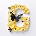 Letter G made of yellow paper flowers and butterflies isolated on white background Royalty Free Stock Photo