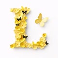 Letter L made of yellow flowers and butterflies, isolated on white background Royalty Free Stock Photo