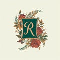 Letter R luxury floral monogram, vintage heraldic shield decorated with beautiful flowers Royalty Free Stock Photo