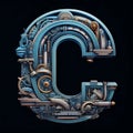 Mechanical alphabet. Letter C made of metal. 3D rendering