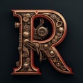 Mechanical alphabet made from gears. Letter R. 3D render