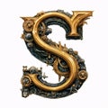 Mechanical alphabet made from gears. Letter S. 3D render