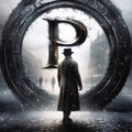 The old man in a coat and hat stands in front of an iron letter P