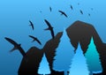A graphic art illustration of silhouetted swifts flying over mountains and trees