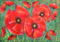 Graphic art poppy blossoms on green background