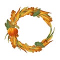 Graphic autumn round frame in retro style with pumpkins and leaves