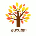 Graphic autumn tree with yellow, orange and red leaves. Symbol of autumn season.
