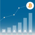 Graphic of bitcoin growth with different cryptocurrency on blue gradient background. Flat icon design. Vector illustration. Eps 10