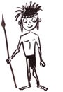 Graphic black and white drawing little indian with a spear