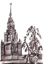 Graphic black and white drawing the main building of Moscow State University