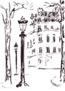 Graphic black and white drawing Paris Champs Elysees