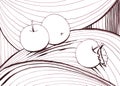 Graphic black and white drawing three apples on a striped background