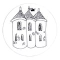 Graphic black and white drawing of three round towers with spiers, sharp roofs and windows Royalty Free Stock Photo