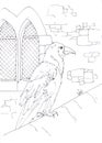 Graphic black and white drawing, travel sketch, raven against the window of a medieval castle