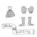 Graphic black and white linear drawing set of knitted items cap, mittens, socks, scarf and winter knitting inscription