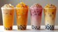 Graphic  boba tea drinks in plastic cups isolated on a white background in a studio shot. the drinks are presented Royalty Free Stock Photo