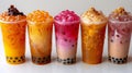 Graphic  boba tea drinks in plastic cups isolated on a white background in a studio shot. the drinks are presented Royalty Free Stock Photo