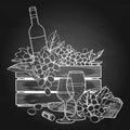 Graphic box of bottle and grapes, wine glasses