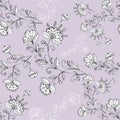 Graphic bramch flowers on purple background. Vector Seamless pattern Royalty Free Stock Photo