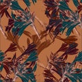 Graphic branch lily on ochre background. Floral seamless pattern for design.