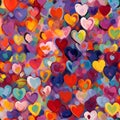 Background composed of a variety of small hearts painted in different colors, giving off a playful and childlike vibe.