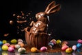 Chocolate eggs that are covered in liquid chocolate, with the chocolate splashing and dripping around them.