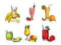 Graphic collection of different smoothie. Vector avocado, banana, mango, orange, strawberry, and tomato beverages.