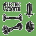 Graphic collection of electric scooters drawn in line art style. Mono wheel and hoverboard on chalkboard