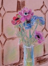 Graphic color drawing of a bouquet of anemones in a transparent vase near the glazed window