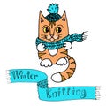 Graphic color drawing of a red ginger cat in a knitted turquoise scarf and knitted hat, inscription winter knitting