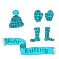 Graphic color drawing set of knitted items cap, mittens, socks, scarf and winter knitting inscription