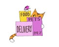 Graphic color drawing striped ginger red cat with a butterfly on his paw hides behind purple and yellow boxes with inscriptions