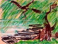 Graphic color drawing, travel sketch, boats under an old willow on the pond
