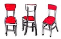 Graphic color marker drawing chair with red upholstery on three sides