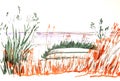 Graphic color travel sketch an upturned boat is lying among the coastal grass on the beach