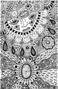 Graphic coloring page with shamanic face and mineral ornaments.