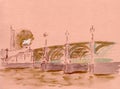 Graphic colour drawing, travel sketch, Westminster Bridge over the Thames in London
