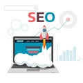 Graphic concept SEO optimization. Flat vector illustration web analytics design. Launch landing page site and promotion