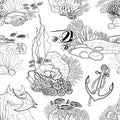 Graphic coral reef with various plants and ocean creatures.