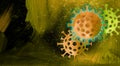 Graphic Coronavirus germ cells background art in yellow, golds with electric glow