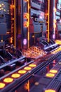 Graphic of 3D model of an AIdriven factory with glowing hexagon patterns and neon abstract art elements