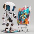 Graphic of 3D model of an AIpowered robot presenting business management strategies with abstract art elements