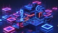 Graphic of 3D model of an AIpowered smart home with glowing hexagon patterns and neon abstract art elements