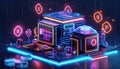 Graphic of 3D model of an AIpowered smart home with glowing hexagon patterns and neon abstract art elements