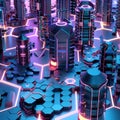 Graphic of 3D model of a futuristic cityscape with neonlit buildings and glowing hexagon patterns representing technological Royalty Free Stock Photo