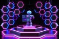 Graphic of 3D model of a robot presenting financial data on a neonlit stage surrounded by glowing hexagon patterns