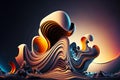 Graphic 3D render abstract geometric background in form of gray golden sinuous waves, generative ai