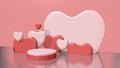 Graphic 3d render background theme pinky love heart with podium for product.